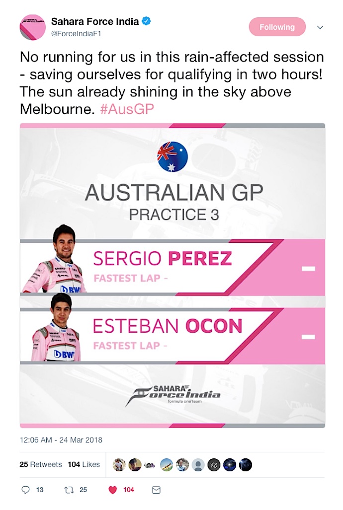 Force India decidió no participar en la PL3 del GP de Australia 2018