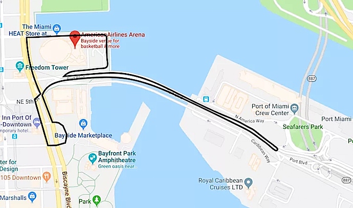 Posible trazado del GP de Miami 2019 en la zona de Bay Side Market Place. 