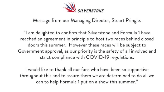 OFICIAL: Silverstone albergará dos Grandes Premios si las autoridades lo permiten